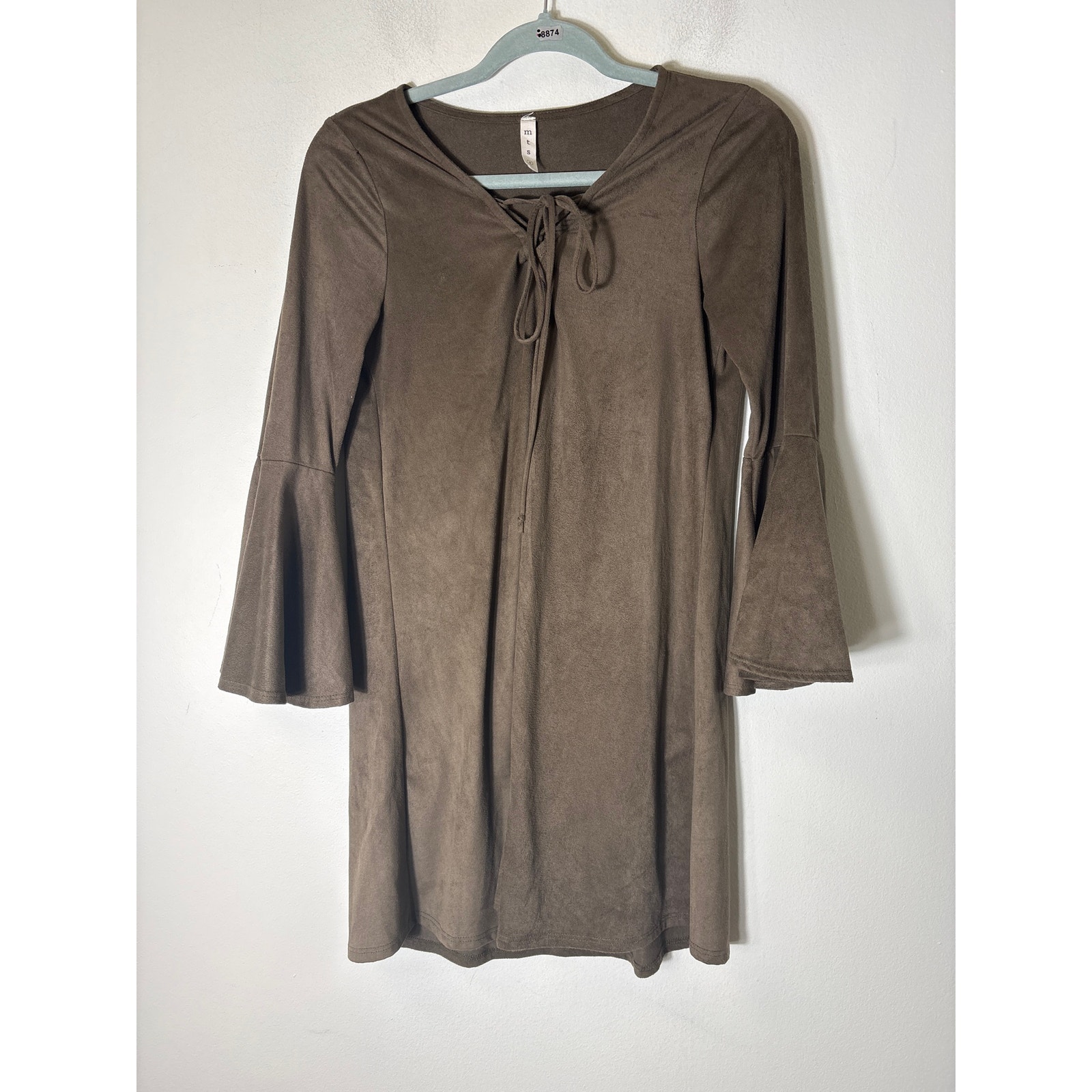 Mts Brown Long Bell Sleeve Knee Length Faux Suede Dress Sz S